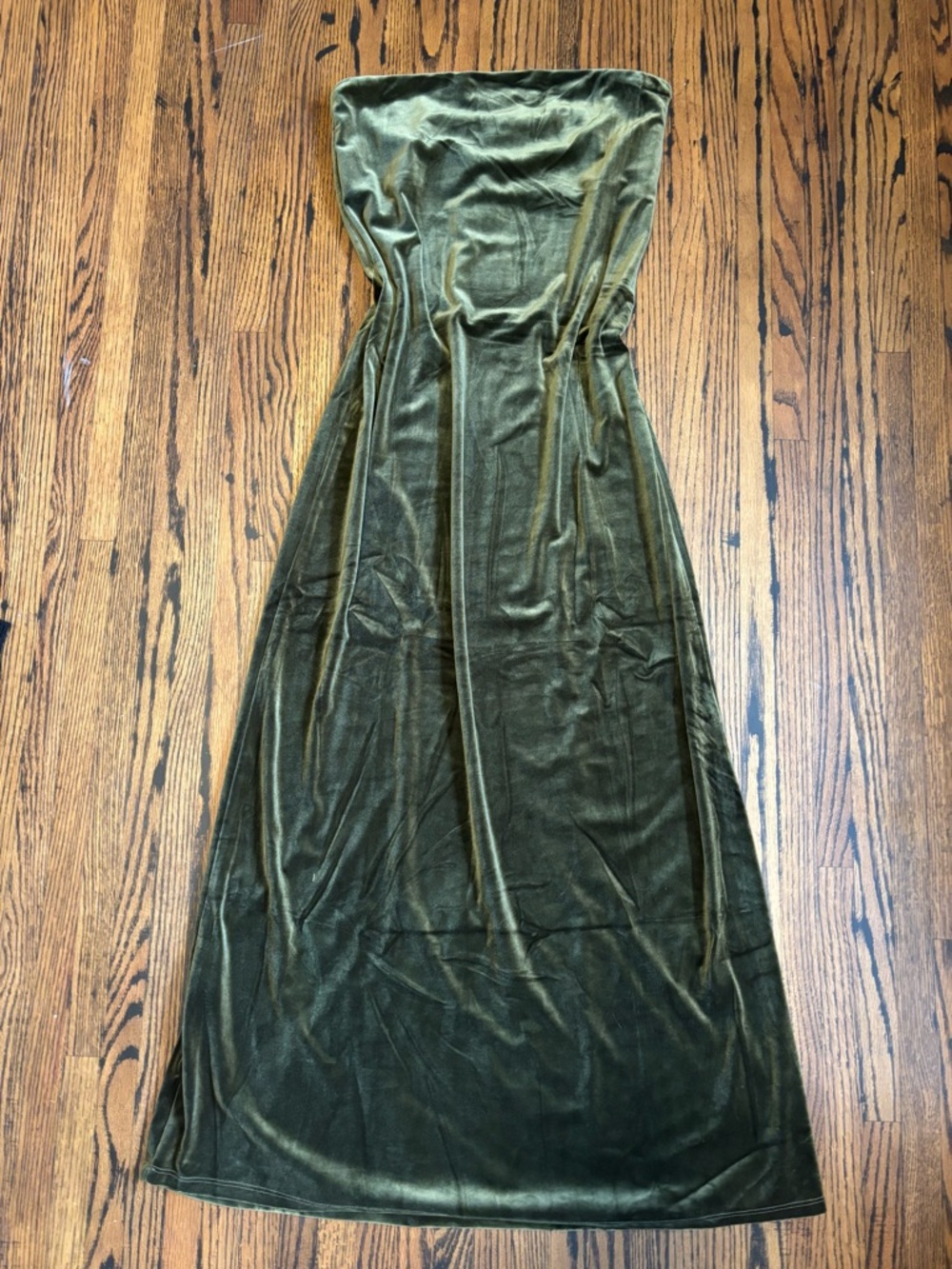 Strapless Olive Velvet Midi Dress